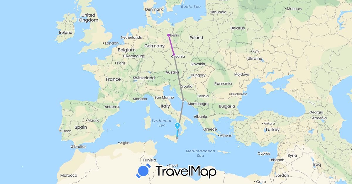 TravelMap itinerary: driving, plane, train, boat in Czech Republic, Germany, Croatia, Italy (Europe)